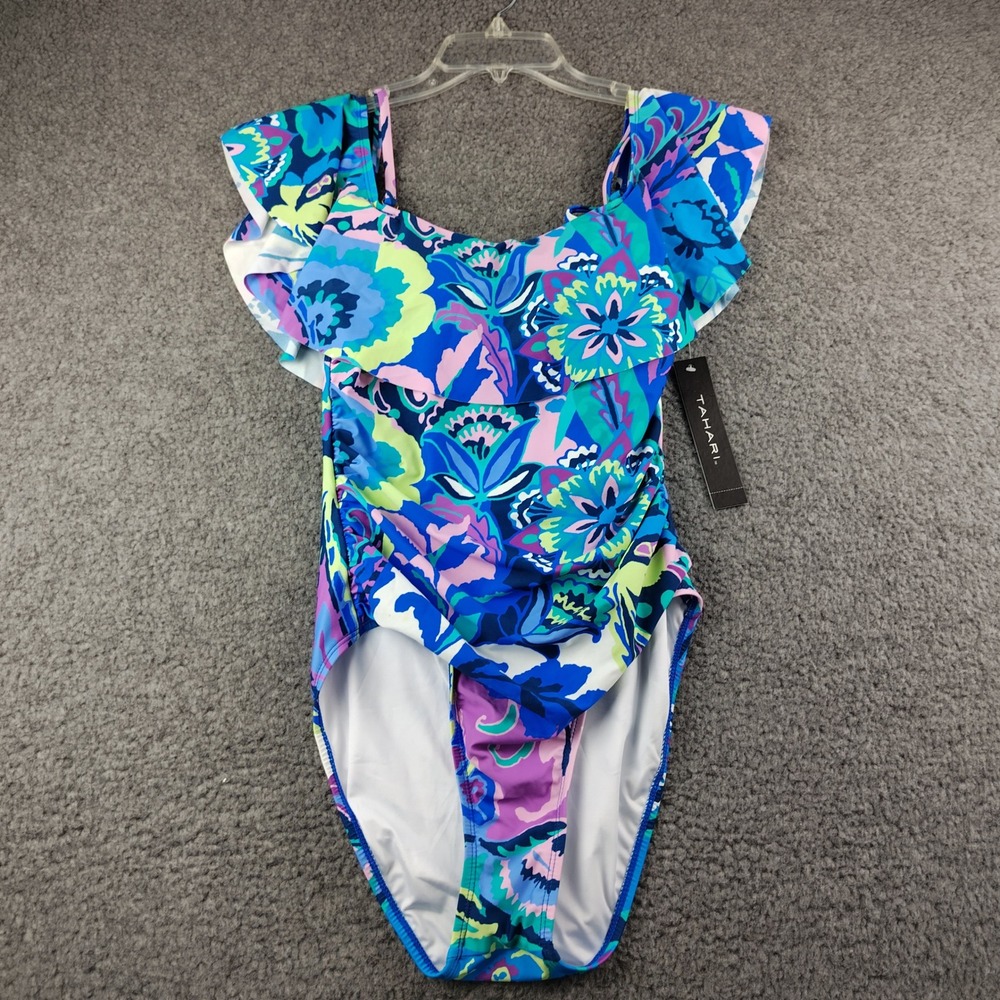 Tahari Floral Ruffle One Piece Swimsuit Blue Purple Paisley Womens Large